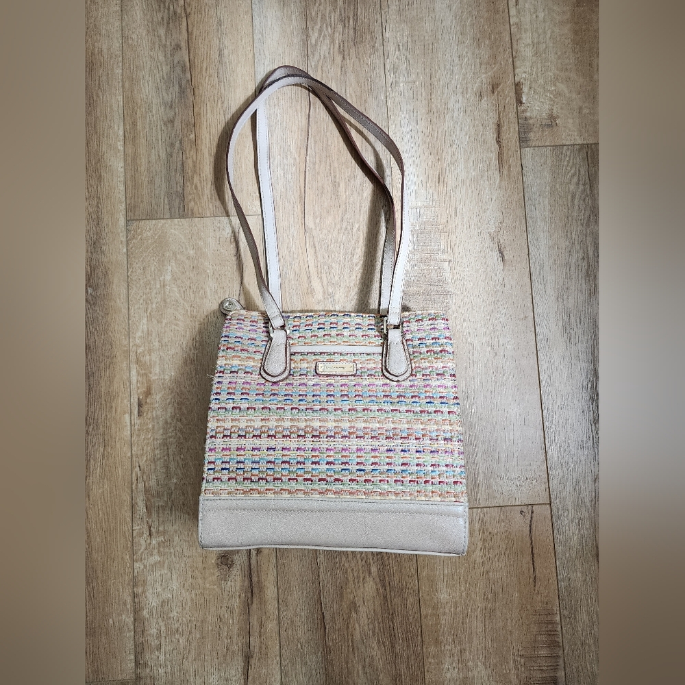 Vintage Liz Claiborne Linen Woven Purse Shoulder Bag 10x10x3" Lot Of Pockets